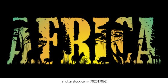 Visual drawing of Africa text design and silhouette of animal in Africa landscape with wildlife and sunset background for vector illustration