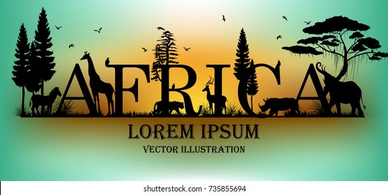 Visual drawing of africa text design and silhouette of animal in Africa landscape with wildlife and aurora background for vector illustration