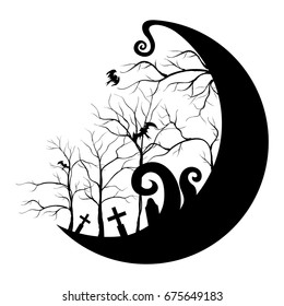 Visual drawing of bat at night on a tree branch against the background of the moon vector illustration