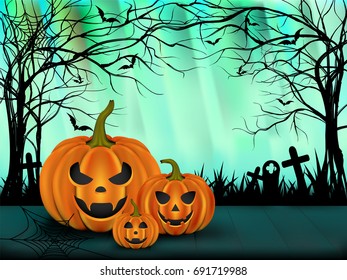 Visual drawing for beautiful big of pumpkins mood smiles on the floor in Halloween day with spooky forest and dead tree aurora light background of vector illustration