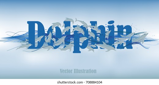 Visual drawing of beautiful dolphins jumping over breaking waves and dolphin text.Hawaii Pacific Ocean wildlife scenery. Marine animals in natural habitat.and sunset background for vector illustration