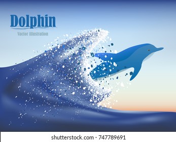 Visual drawing of beautiful dolphins jumping over breaking waves. Hawaii Pacific Ocean wildlife scenery. Marine animals in natural habitat.and sky evening time with background for vector illustration