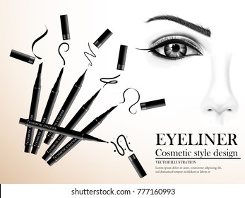 Visual drawing for black eyeliner cosmetic color in style design use with face with pink and white background, Beauty article of vector illustration 