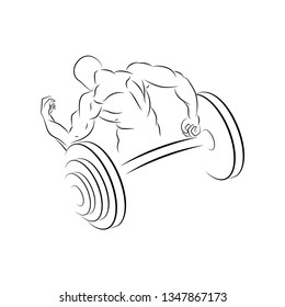 Visual drawing of bodybuilding logo and power lifting barbell template, fitness gym with athletic man training, healthy lifestyle and sport concepts, for vector illustration