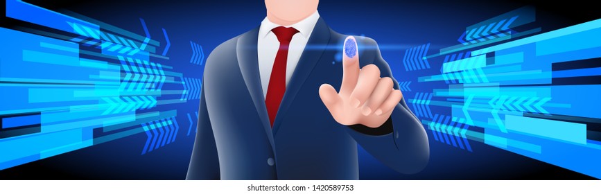 Visual drawing of businessman click or touch on digital screen concept design open social and cyber with the future technology on blue background for vector illustration