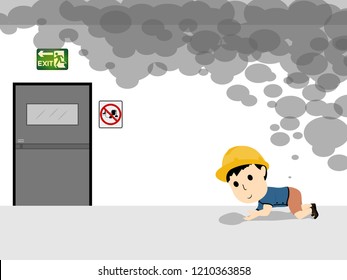 Visual drawing of cartoon human flat bent escape smoke to exit door because emergency alarm to accident in areas of the building industrial, concept health care and safety first set 15