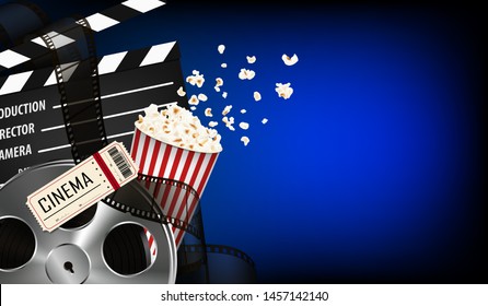 Visual drawing of cinema with 3d realistic objects popcorn, tape, tickets, and clapperboard, concept elements of the film industry on blue background for vector illustration