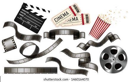 Visual drawing of cinema with 3d realistic objects popcorn, tape, tickets, and clapperboard, concept elements of the film industry on white background for vector illustration