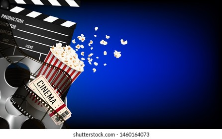 Visual drawing of cinema with 3d realistic objects popcorn, tape, tickets, and clapperboard, concept elements of the film industry on blue background for vector illustration