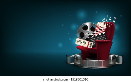 Visual drawing of cinema with 3d realistic objects popcorn, tape, tickets, clapperboard and red chair, concept ads by elements of the film industry on blue background for vector illustration