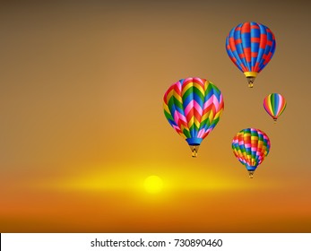 Visual drawing colorful hot air balloons flying sunset background  business travel concept vector illustration