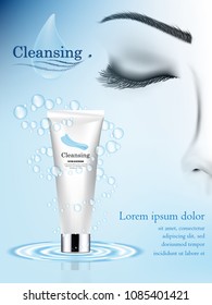 Visual Drawing For Cosmetic Cleansing Wash Water Product Design In Tube Package, Concept Use With To Face Skin Girl Beautiful On Blue Light Background Vector Illustration