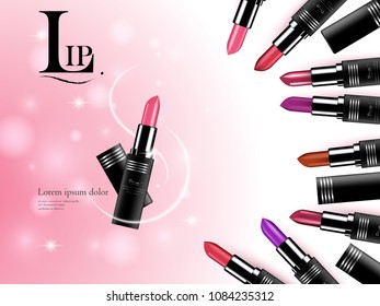 Visual drawing for cosmetic makeup lip product design in tube package and colorful product, concept use with to face skin girl beautiful on white soft light background vector illustration