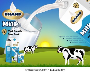 Visual drawing of delicious milk pouring down in glass cup and paper carton products with package design on green cow farm background, 3d vector illustration