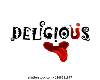 Visual drawing of delicious text to smile and eating face, flat cartoon simple style minimal logo graphic design isolated on white background for vector illustration