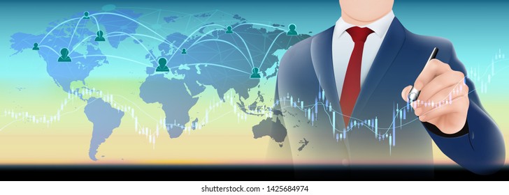 Visual drawing of double exposure businessman click on digital screen concept finance and money partnership for social and cyber on technology design blue map background for vector illustration