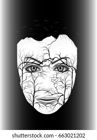 visual drawing double exposure for human look at tree branch on black and white background of illustrator