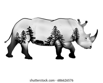 Visual drawing for double exposure rhinoceros wildlife and woodland with black and white background, This is illustration ideal for a mascot and tattoo or T-shirt graphic