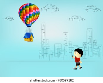 Visual drawing of dream businessman kid construction city, colorful hot air balloons and home flying on sky background concept of vector illustration