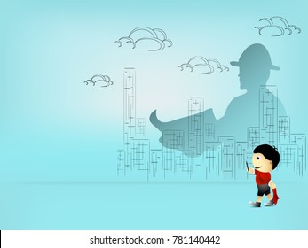 Visual drawing of dream kid drawing city on sky background, concept architect businessman construction in future of vector illustration