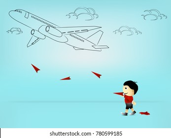 Visual drawing of dream kid playing airplane paper red and drawing plane on sky background, concept travel of vector illustration