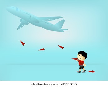 Visual drawing of dream kid playing airplane paper red and plane on sky background, concept travel of vector illustration