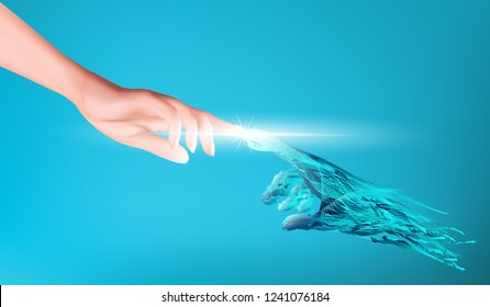Visual drawing of female human hand touching or connection between soft light hand robot idea for the future artificial intelligence business banner design on sky for vector illustration