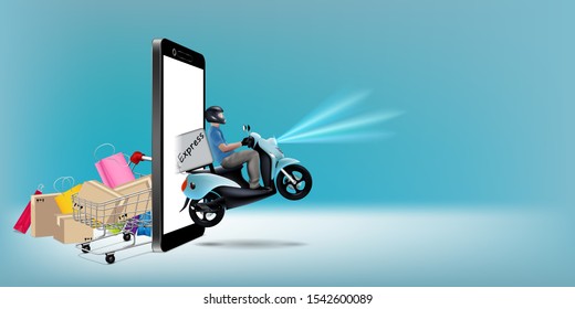 Visual drawing of freight By ordering through a mobile phone from the store to the customer, concept business easy shop online by smartphone technology on blue background for vector illustration