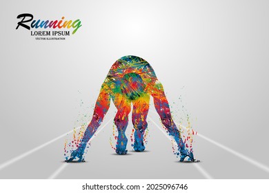 Visual drawing front view line colorful of man starts running in-game to enter finish the victory line first, concept lifestyle and health care with weight loss by exercise for vector illustration