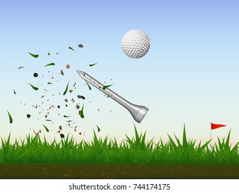 Visual drawing of golf ball beautiful hit out on grass and sky evening time with background for vector illustration, exercise golf sport concept