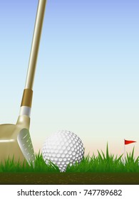 Visual drawing of golf ball beautiful hit out on grass and sky evening time with background for vector illustration, exercise golf sport concept