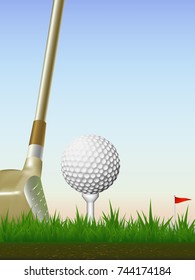 Visual drawing of golf ball and golf club beautiful to start hitting out on grass and sky evening time with background for vector illustration, exercise golf sport concept