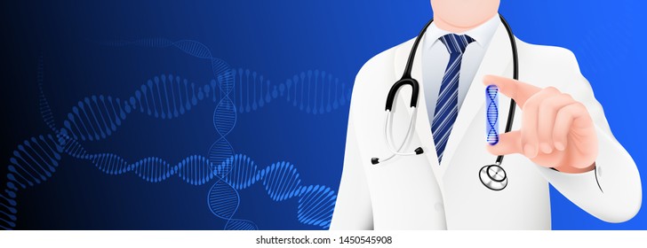 Visual drawing for hand doctor hold spiral DNA in pill, concept healthcare by medicine biochemistry of scientific and chemical molecular or biotechnology on blue background of vector illustration
