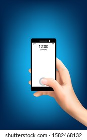 Visual drawing of hand hoding and touching black smartphone with blank screen use for copy space, concept connecting social network business with white background for vector illustration