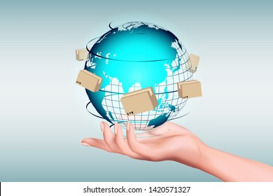 Visual drawing of hand holding global network plant concept design business import and export product for leadership by digital technology banner design on blue for vector illustration