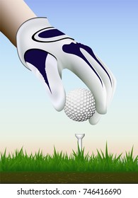 Visual drawing of hand putting golf ball beautiful on grass in golf course and sky evening time with background for vector illustration, exercise golf sport concept