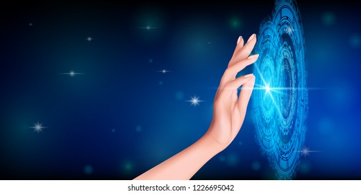 Visual drawing of hand touch circuit board technology future server information frame display interface for process industries on blue and light background vector illustration set 1