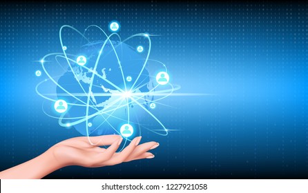 Visual drawing of hand touch global network systems connecting people and data exchanges, future technologies in automatics cyborg systems and computers industry from awesome internet developments 2