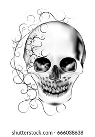 Visual drawing for human skull on black and white background, The art skull and line for background