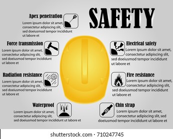 Visual drawing info-graphics helmet icon set of standard safety protective equipment to health with in the industrial and construction work for vector illustration, safety first 