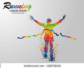 Visual Drawing Isolate Colorful Of Runner Game From Start To Finish, Running And Crossing A Finish Line Winning A Race,  Concept Lifestyle And Health Care With Weight Loss By Exercise For Vector Illus