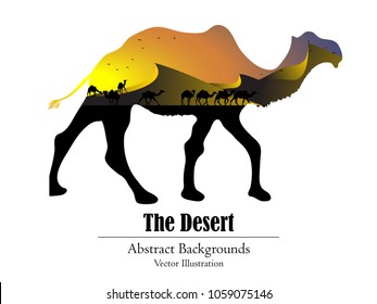 Visual drawing isolated camel of silhouettes camel family animal wildlife collection in the desert with nature and sunset background for vector illustration,travel concept