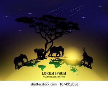 Visual drawing isolated elephant of silhouettes elephant family animal wildlife collection in the forest on the world with nature and sunset background for vector illustration,travel concept