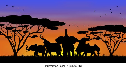 Visual drawing isolated elephant of silhouettes elephant family animal wildlife collection in the forest with nature and sunset background for vector illustration,travel concept set 2