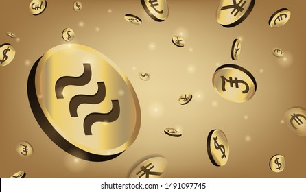 Visual drawing of libra sign banner by facebook concept exchange and safe money online between Dollar(USD), Euro(EUR), Pound(GBP) and Yuans(CNY) on gold color background for vector illustration