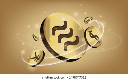 Visual drawing of libra sign banner by facebook concept exchange and safe money online between Dollar(USD), Euro(EUR), Pound(GBP) and Yuans(CNY) on gold color background for vector illustration