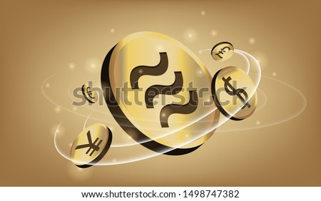 Visual drawing of libra sign banner by facebook concept exchange and safe money online between Dollar(USD), Euro(EUR), Pound(GBP) and Yuans(CNY) on gold color background for vector illustration