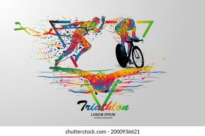 Visual drawing logo swimming, cycling and runner sport at fast of speed in triathlon game, colorful beautiful design style on white background for vector illustration, exercise sport concept