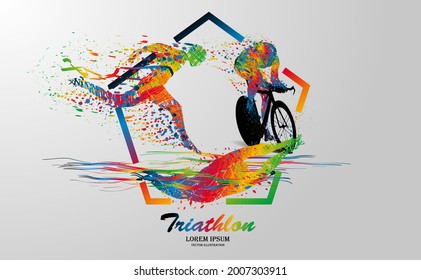 Visual drawing logo swimming, cycling and runner sport at fast of speed in triathlon game, colorful beautiful design style on white background for vector illustration, exercise sport concept