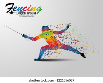 Visual drawing of man fencing athletes fight suit practicing with sword on professional sports arena, motion fast of speed practice by tournament, colorful design style for vector illustration set 3